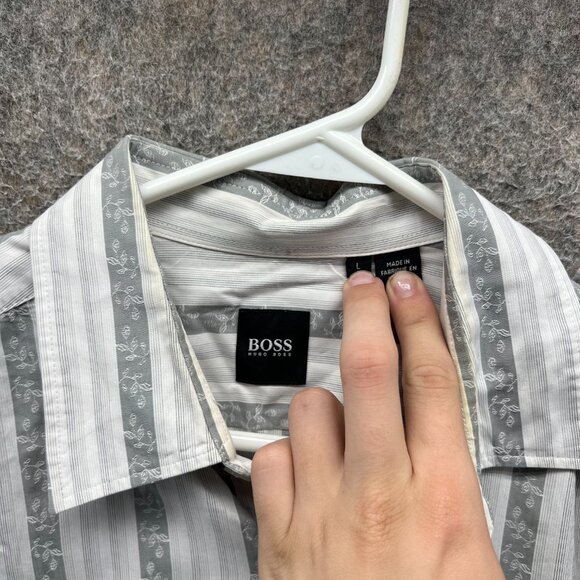 Hugo Boss Dress Shirt Mens Large Gray White Striped Long Sleeve Button Up - Picture 3 of 10